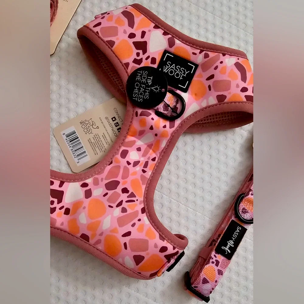 Size SMALL Sassy Woof Pink Mosaic Dog Harness, Collar & Leash Set